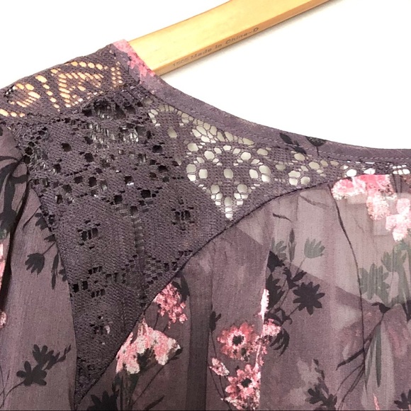 Bell Du Jour Boho Lace Panel Sheer Drop Shoulder Top Brown Floral XS - Picture 5 of 9